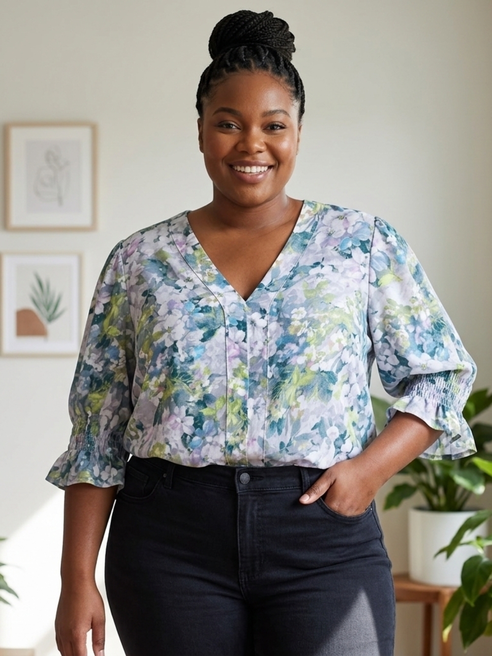 Jones New York Floral V-Neck Blouse in Blue, Green & Lavender